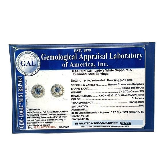Natural White Sapphire Diamond Stud Earrings 14k Gold 0.97 TCW Certified 216092 - Picture 15 of 15